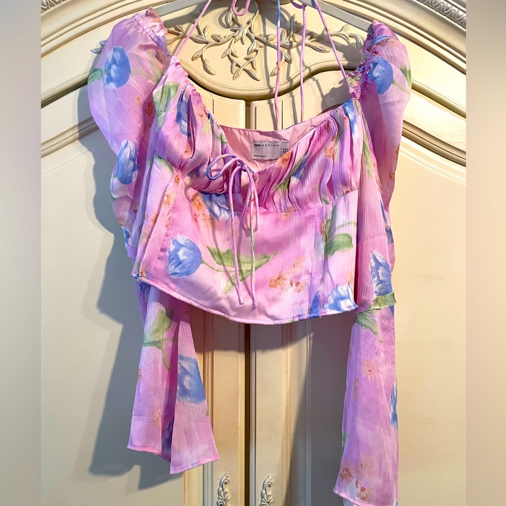 NWT ASOS DESIGN corset top with ruffle shoulder in pink floral Sz 14